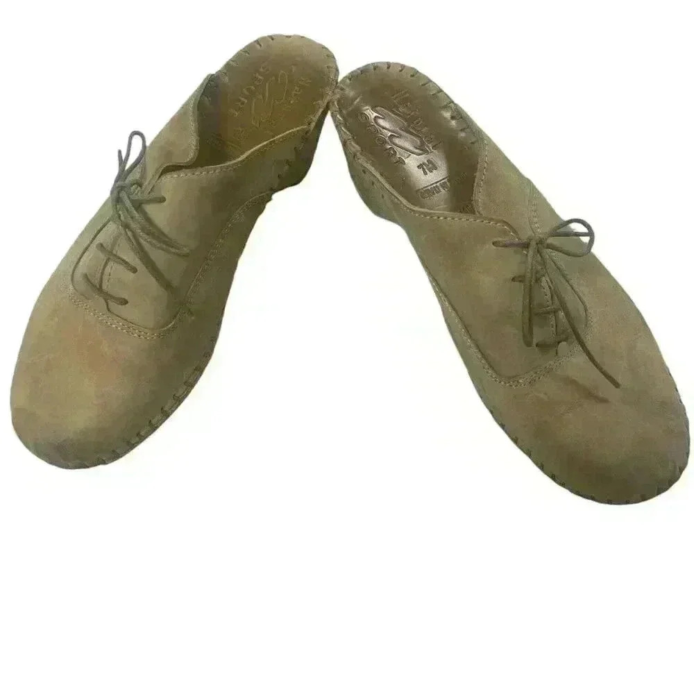 Natural Sport Italy Women's Mule Size 7 Wedge Heel Clog Tan Leather Lace Up Shoe